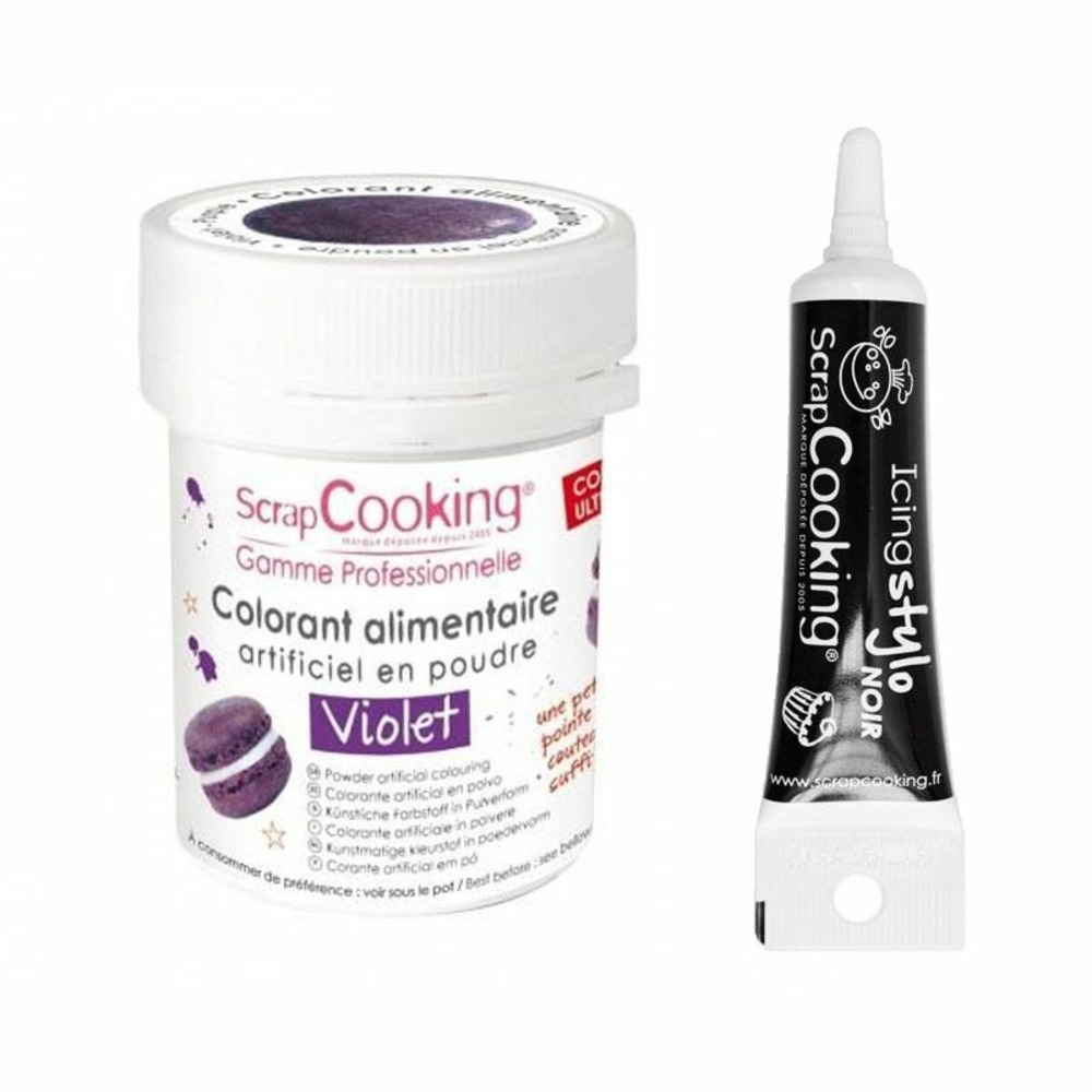 Colorant alimentaire violet + stylo de glaçage noir