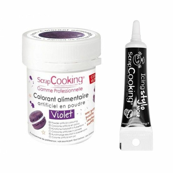 Colorant alimentaire violet + stylo de glaçage noir