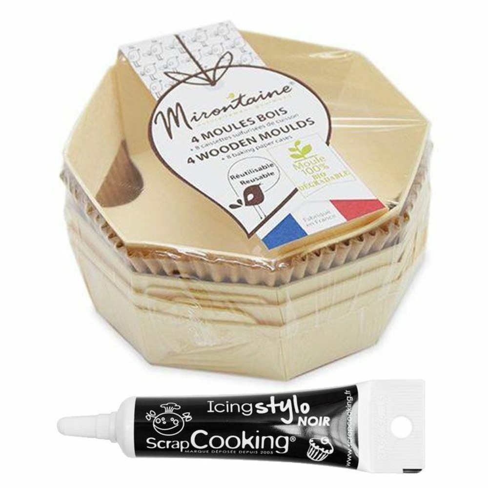 4 moules en bois ronds + 8 caissettes de cuisson + stylo de glaçage noir