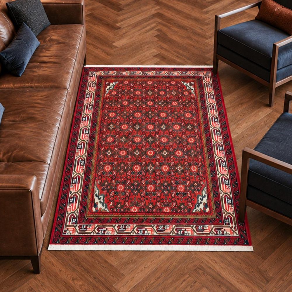 Tapis d'orient, 103 x 159 cm, rouge, bleu et crème, en laine, hamadan 43