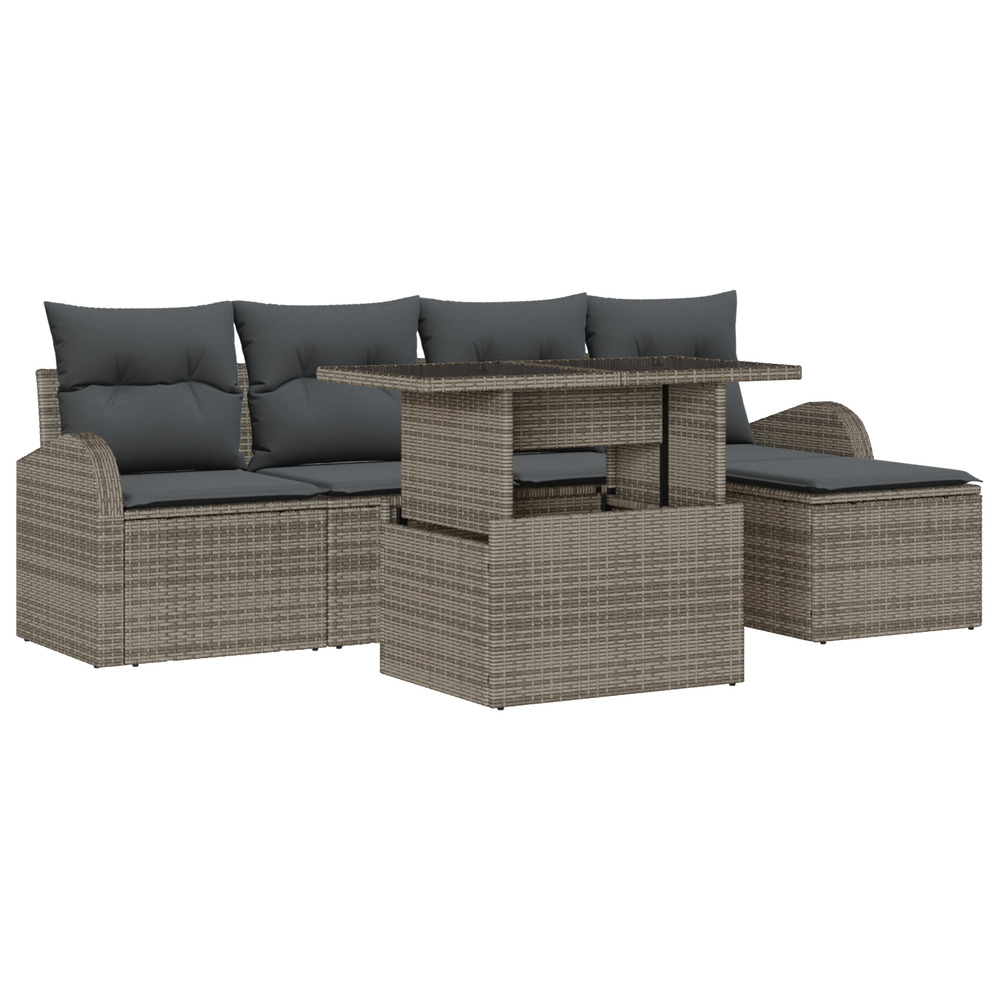 Ensemble de canapé de jardin de 6 pièces avec coussins gris poly rattan