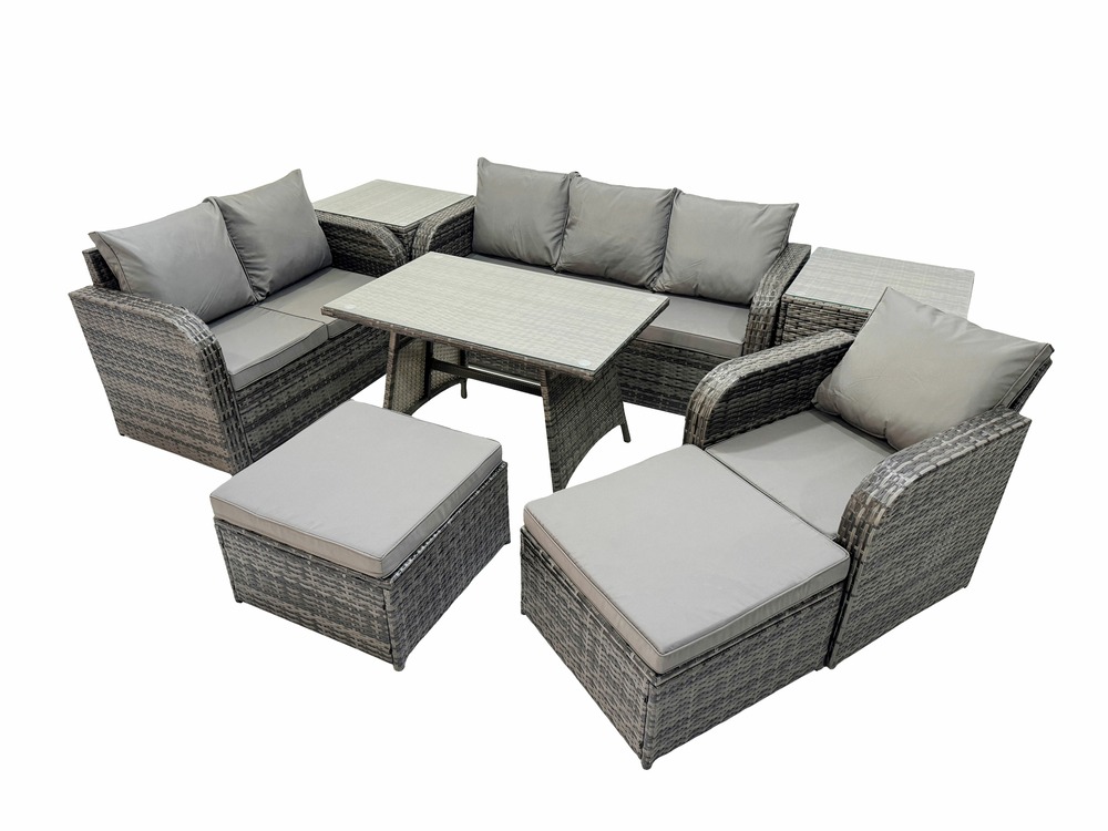 8 pcs ensemble de canapés en rotin salon de jardin avec table à manger fauteuil 2 grand tabourets 2 tables d'appoint