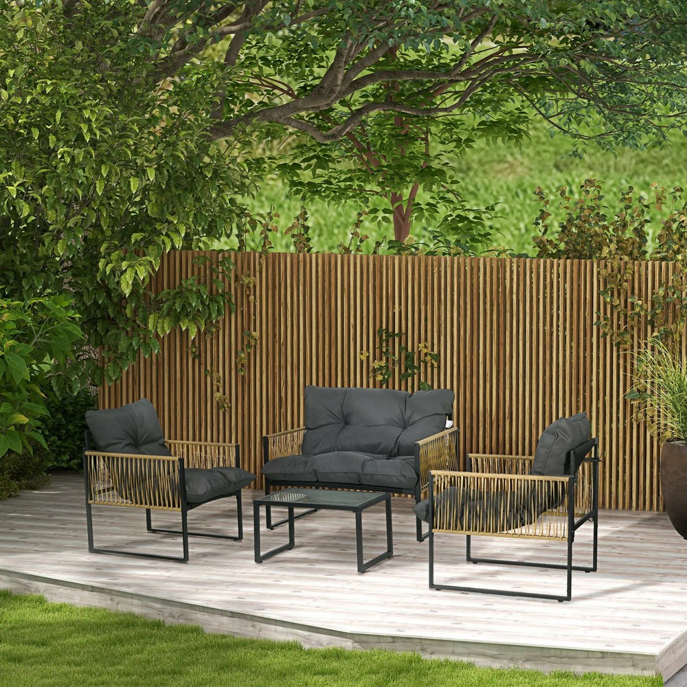 Ensemble salon de jardin 4 pièces canapé 2 places 2 fauteuils et 1 table basse plateau verre trempé 3 coussins - gris