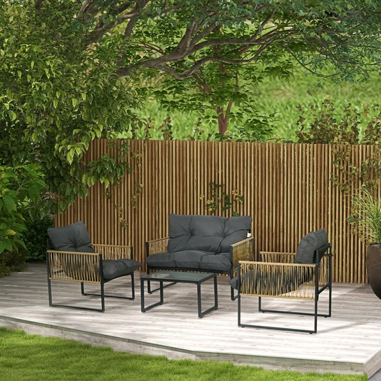 Ensemble salon de jardin 4 pièces canapé 2 places 2 fauteuils et 1 table basse plateau verre trempé 3 coussins - gris