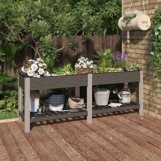 Très grand carré potager wpc avec étagère basse pour jardin gris 200x50x75 cm