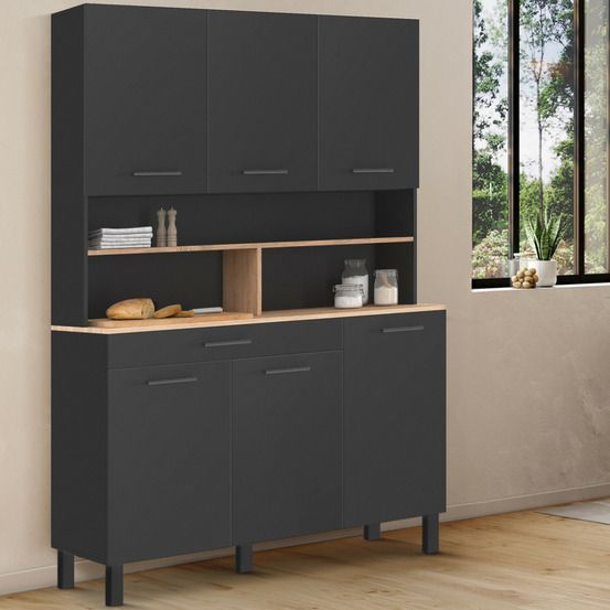 Buffet de cuisine 120 cm cina 6 portes + tiroir noir et plateaux façon hêtre