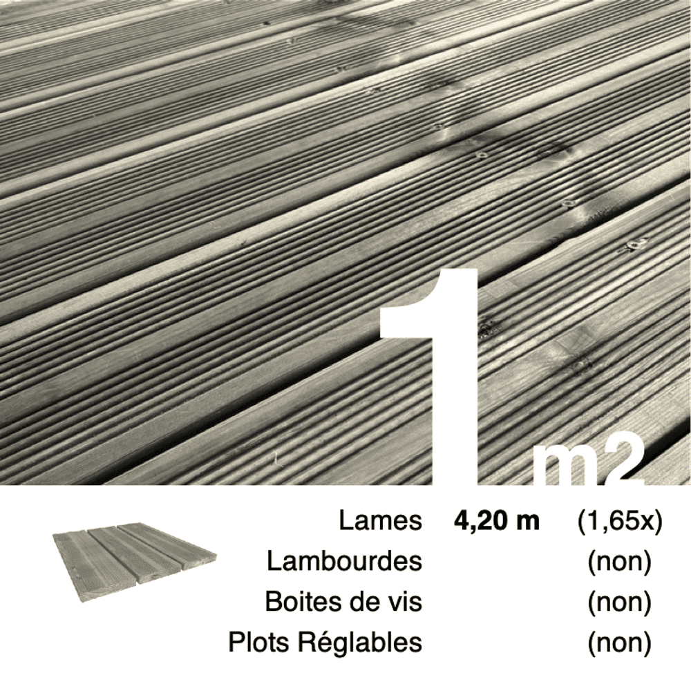 Planches de terrasse pin autoclave gris pour 1 m², longueur 4,2 m.
