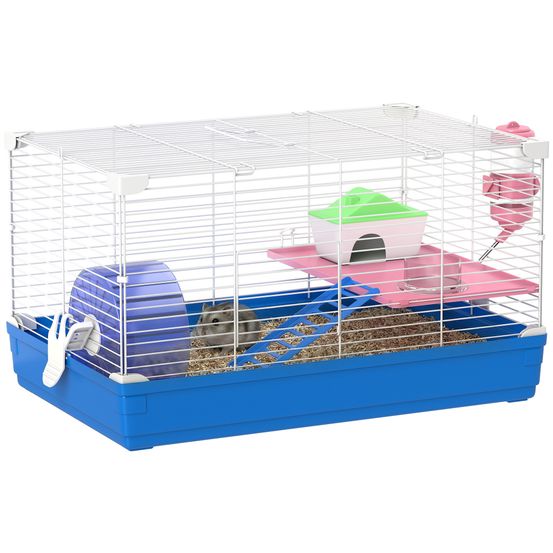 Petite cage hamster métal gerbille rongeur kit complet 2 niveaux 47x30x27cm bleu