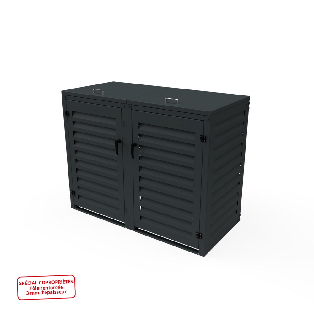 Cache poubelle double en aluminium thermolaqué spécial copropriété (3mm) - 2x360 litres - gris anthracite