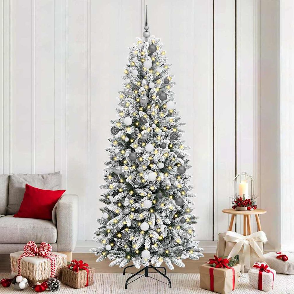 Sapin de noël design blanc 210cm, style enneigé avec 300 led chaudes et 120 boules chic