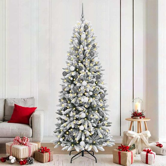 Sapin de noël design blanc 210cm, style enneigé avec 300 led chaudes et 120 boules chic