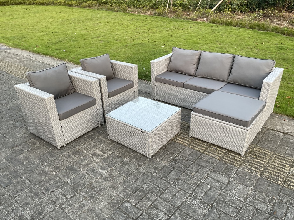 Meubles de jardin en rotin ave canapé 2 chaise, table basse carrée tabourets gris clair