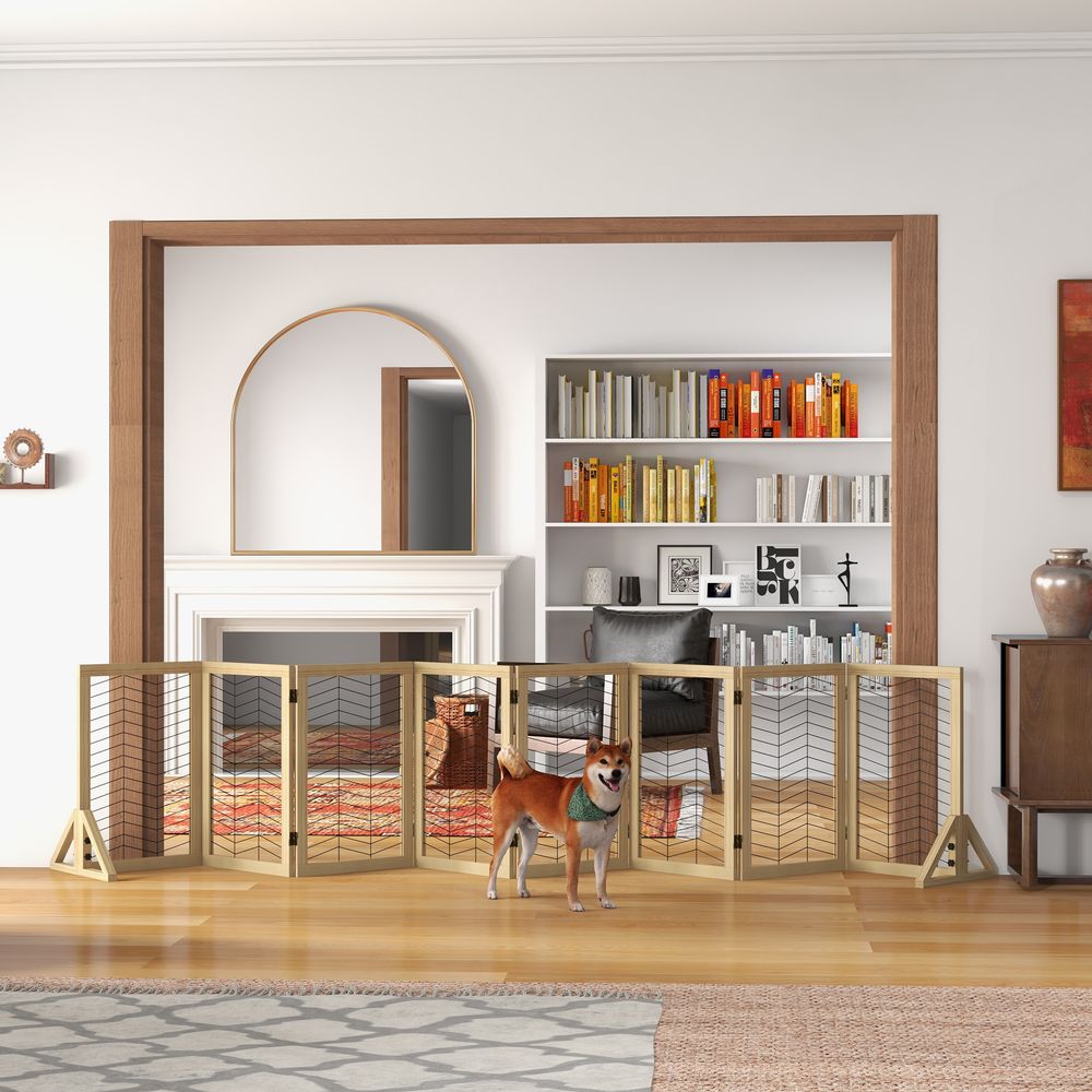 Barrière pour chien pliable en pin naturel et acier 375 x 44 x 70 cm pour intérieur avec pieds antidérapants