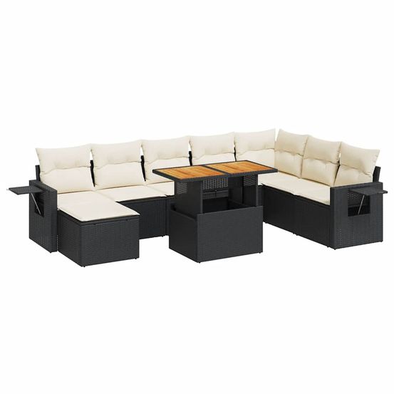Salon de jardin 9 pcs avec coussins noir résine tressée