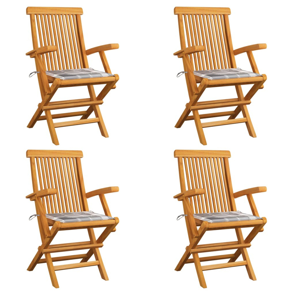 Chaises de jardin coussins à carreaux gris lot de 4 teck massif