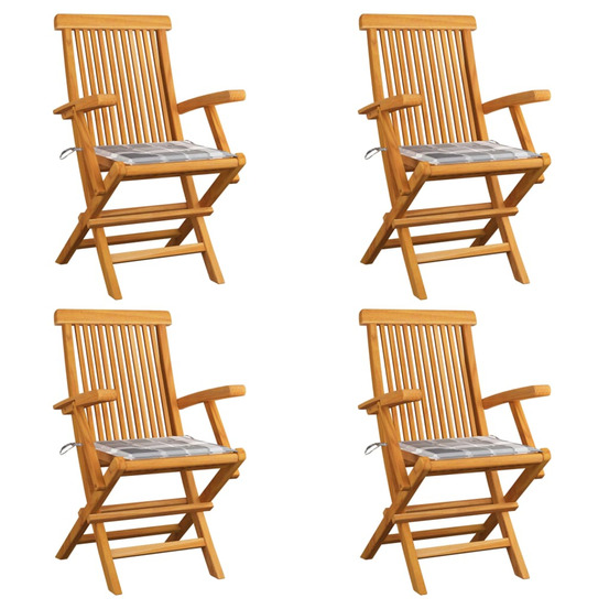 Chaises de jardin coussins à carreaux gris lot de 4 teck massif