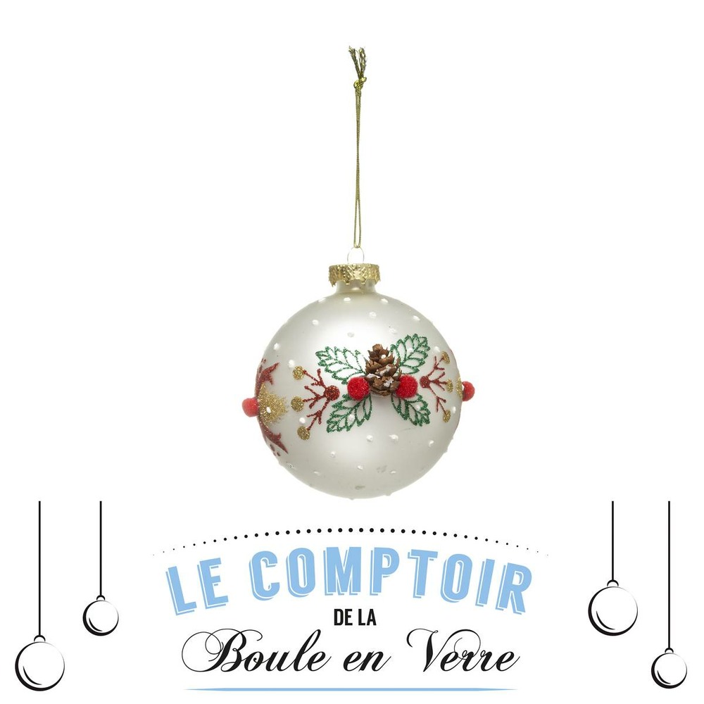 Boule de noël verre 80 mm pompon 2 assortiments
