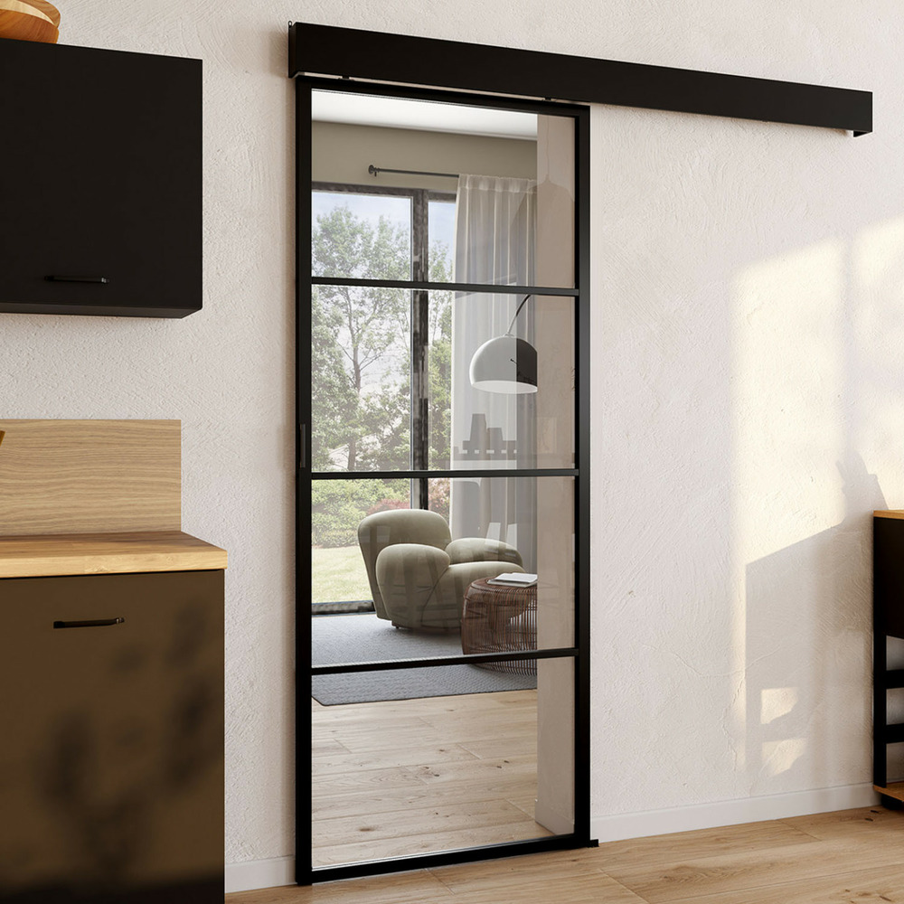 Kit porte coulissante vitrée verre trempé 83 cm en métal + mdf avec rail et fixations