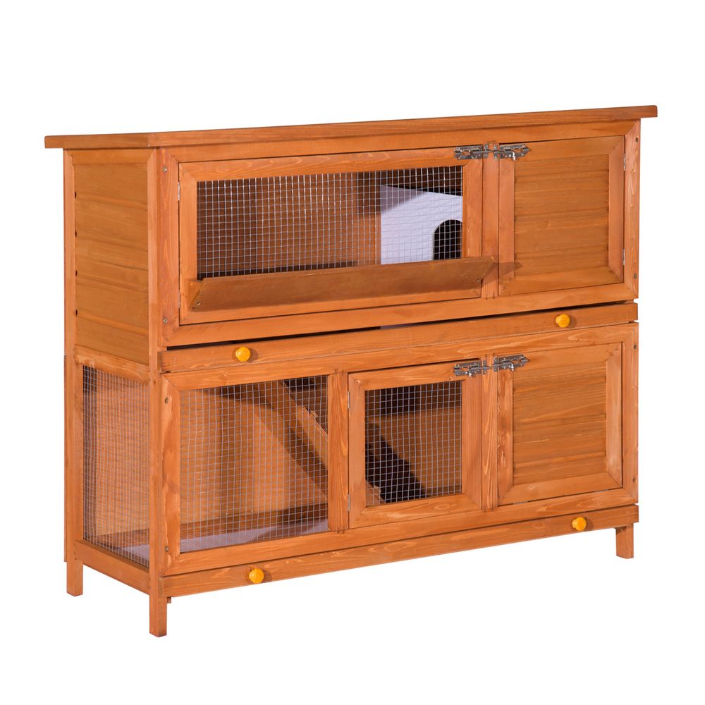 Grand clapier à lapins bois extérieur 2 étages avec râtelier à foin marron