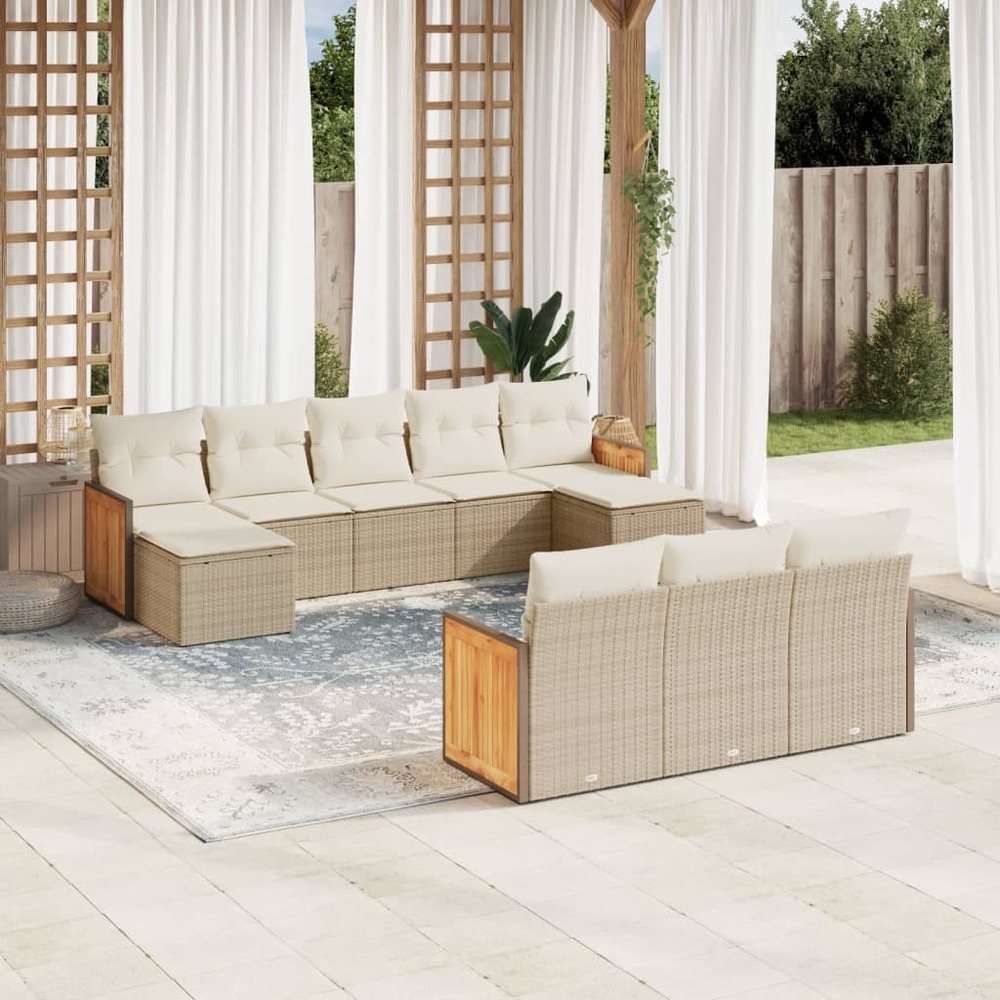 Salon de jardin avec coussins 10 pcs beige résine tressée