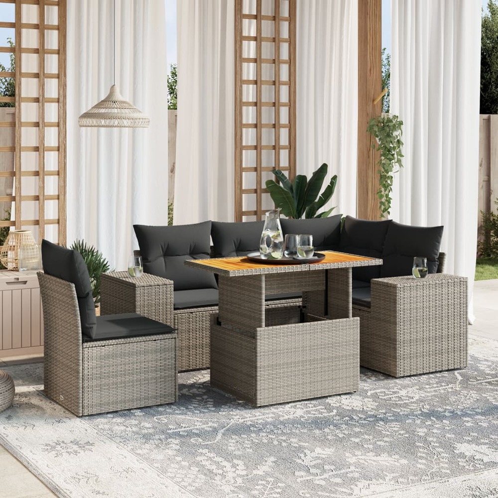 Salon de jardin 6 pcs avec coussins gris résine tressée