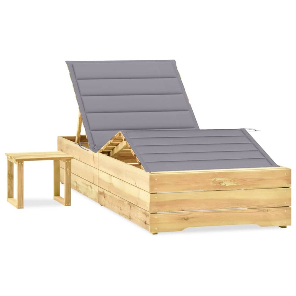 Chaise longue de jardin avec table et coussin pin imprégné bain de soleil