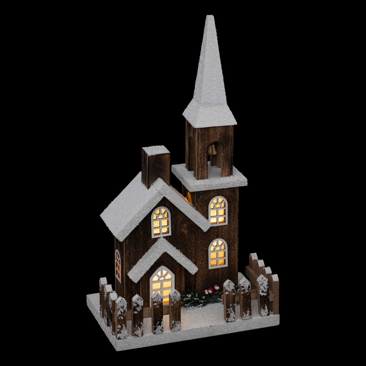 Déco lumineuse église enneigée en bois led blanc chaud h 40 cm