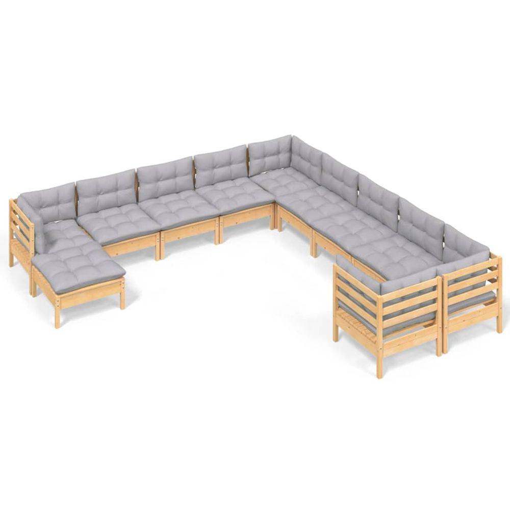 Salon de jardin 11 pcs avec coussins gris bois de pin