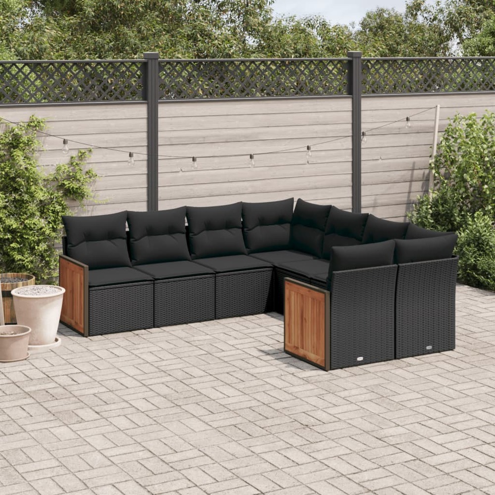 Salon de jardin 8 pcs avec coussins noir résine tressée