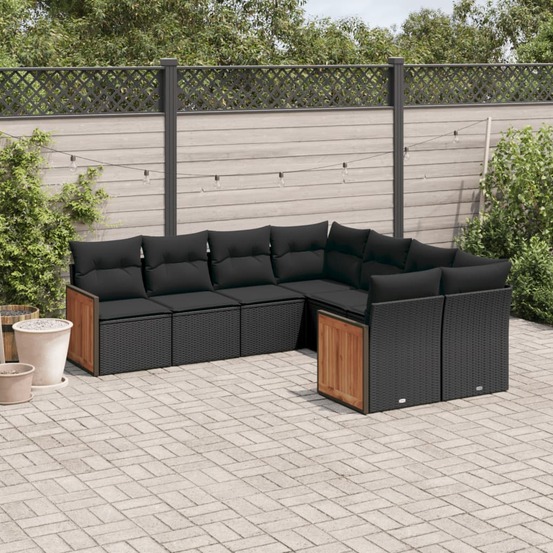 Salon de jardin 8 pcs avec coussins noir résine tressée