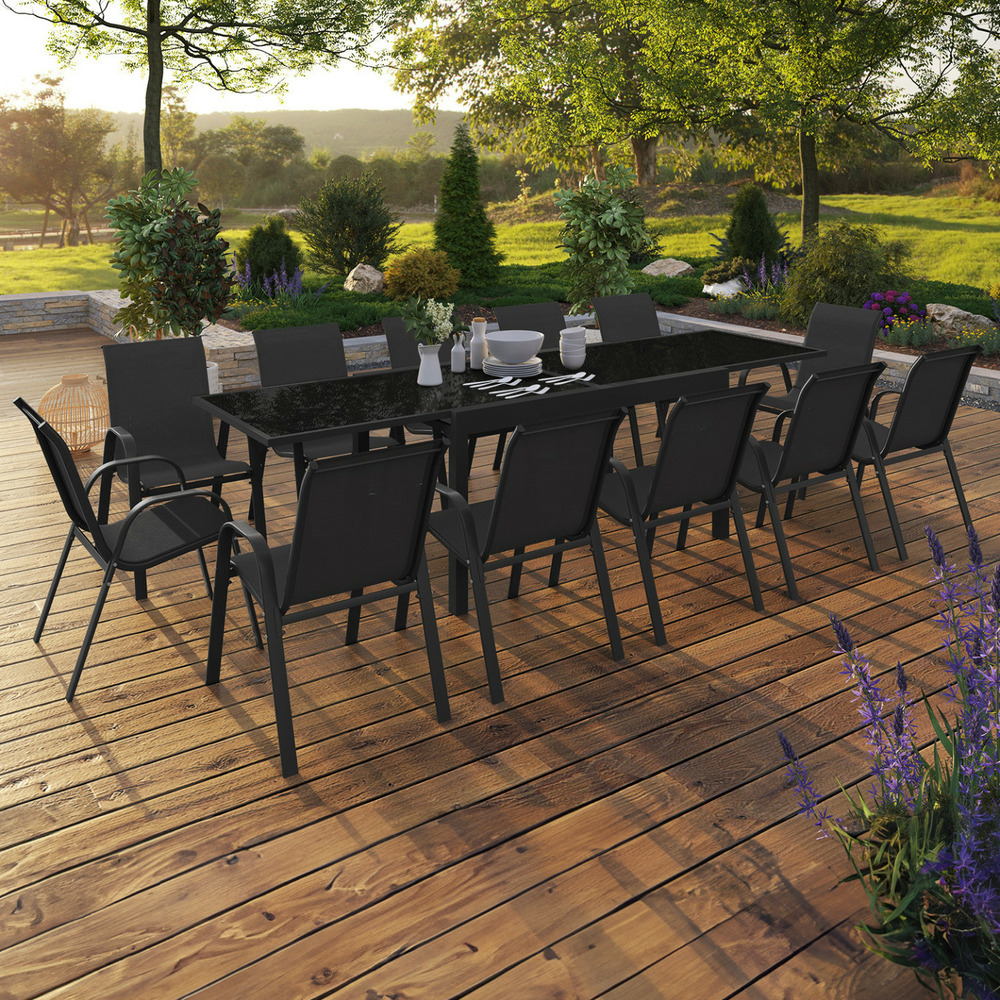 Salon de jardin madrid table extensible 135-270 cm et 12 chaises empilables noir