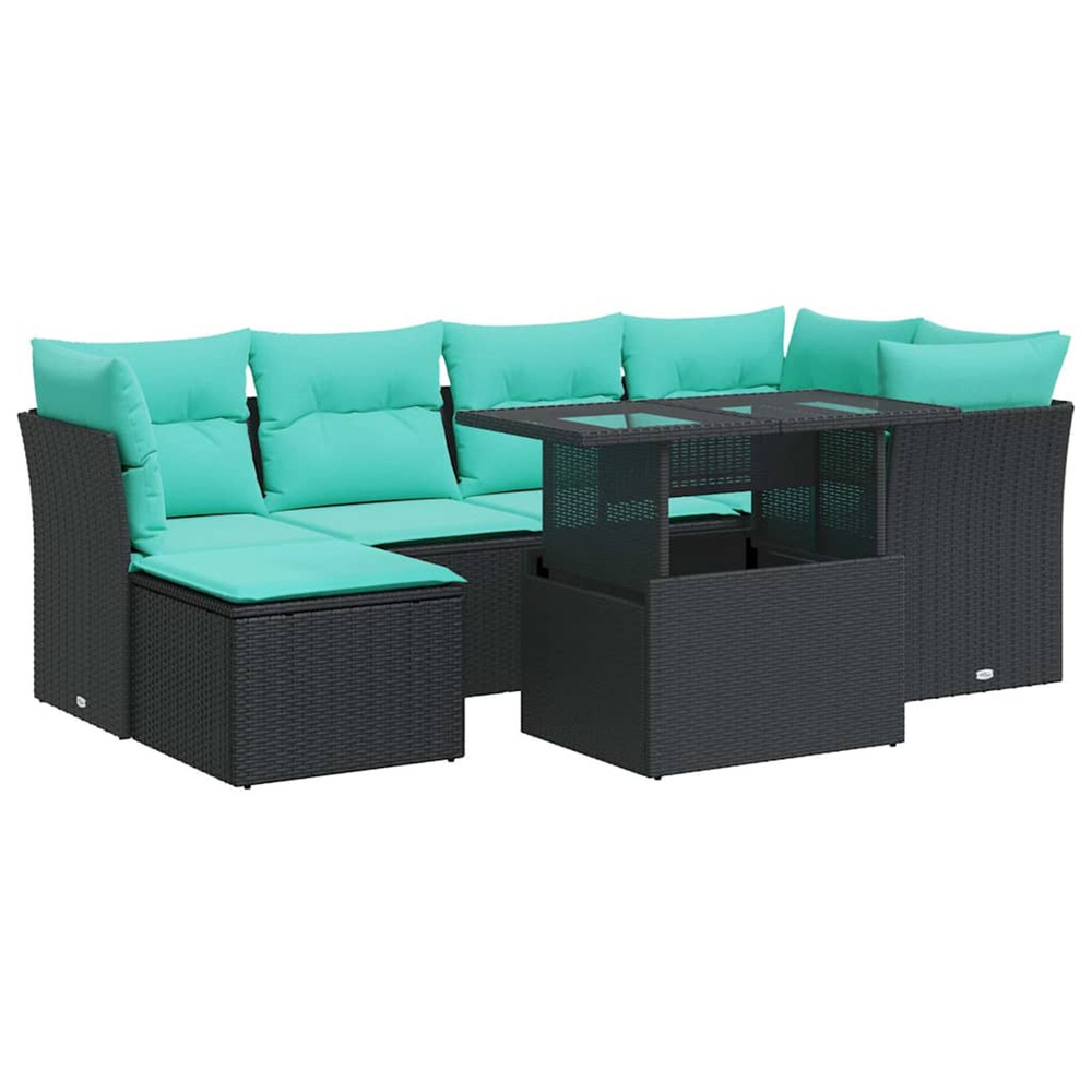Salon de jardin avec coussins 7 pcs noir résine tressée acacia