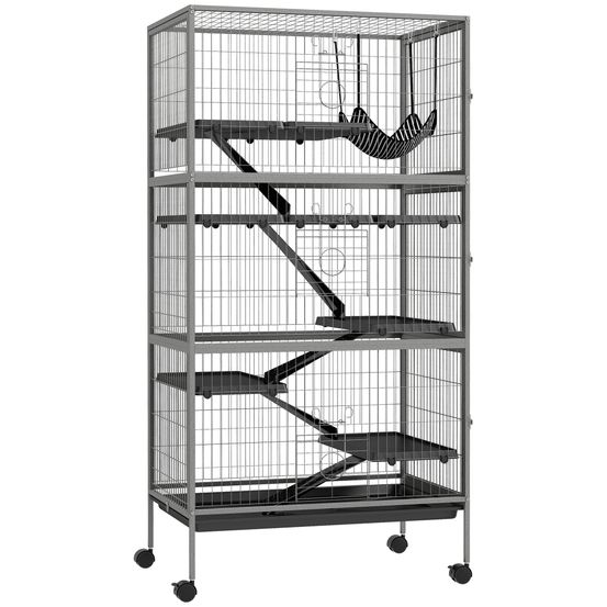 Cage chinchilla en acier sur roulettes pour furets avec hamac et rampes 80x52x159cm gris