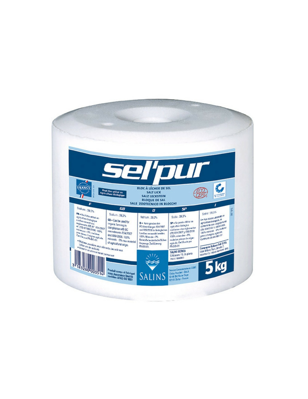 Sel pur bloc à lécher 5 kg pour animaux - salins du midi
