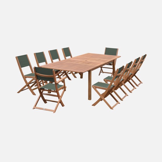 Salon de jardin en bois extensible - almeria - grande table 200/250/300cm avec 2 rallonges. 2 fauteuils et 8 chaises. En bois