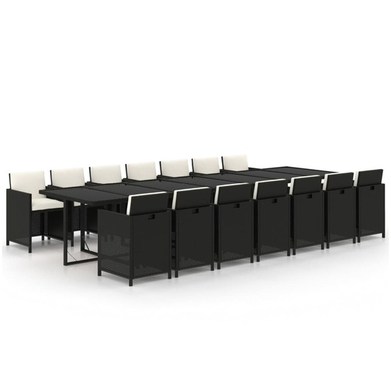Ensemble à manger de jardin coussins 15 pcs résine tressée noir