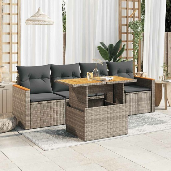 Salon de jardin 5 pcs avec coussins gris résine tressée acacia