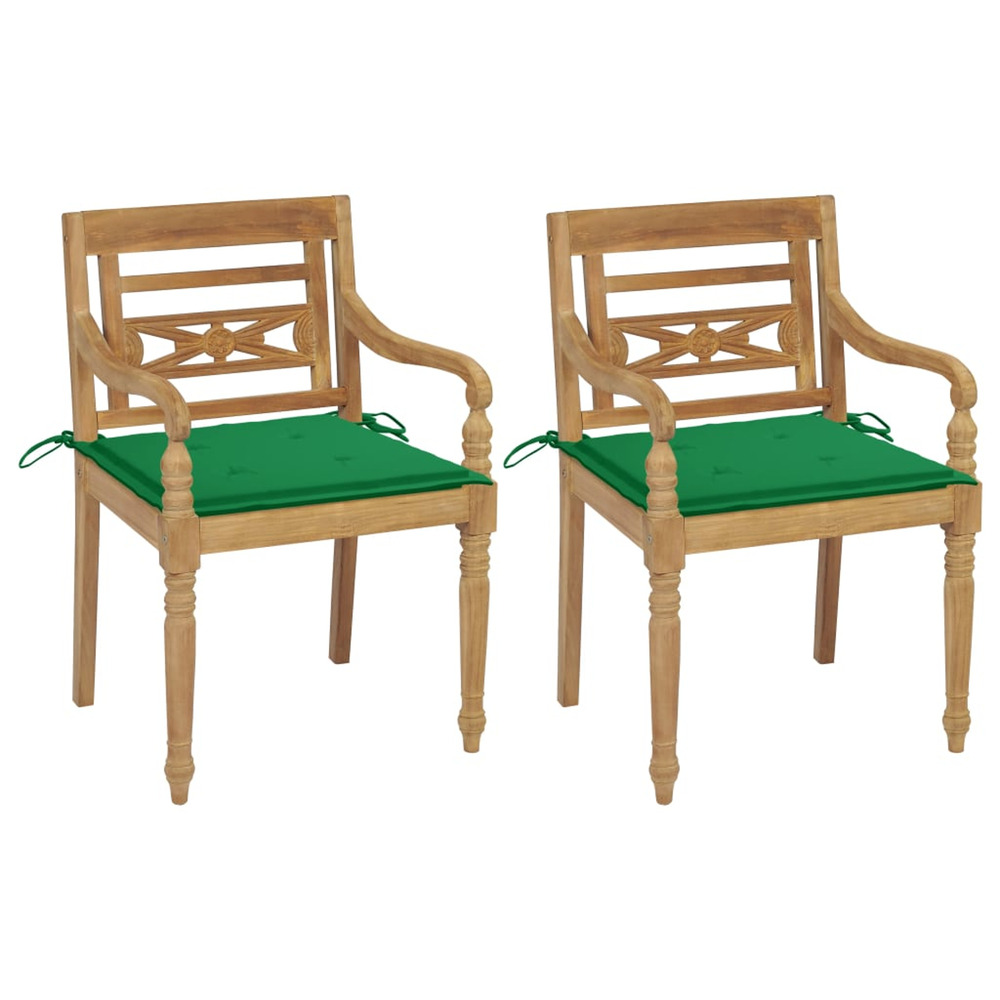 Chaises batavia lot de 2 et coussins verts bois de teck massif