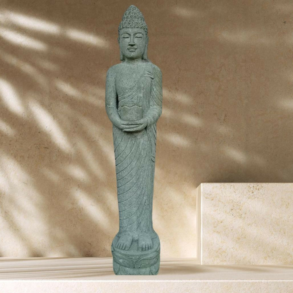 Statue de jardin bouddha debout offrande en pierre 2m