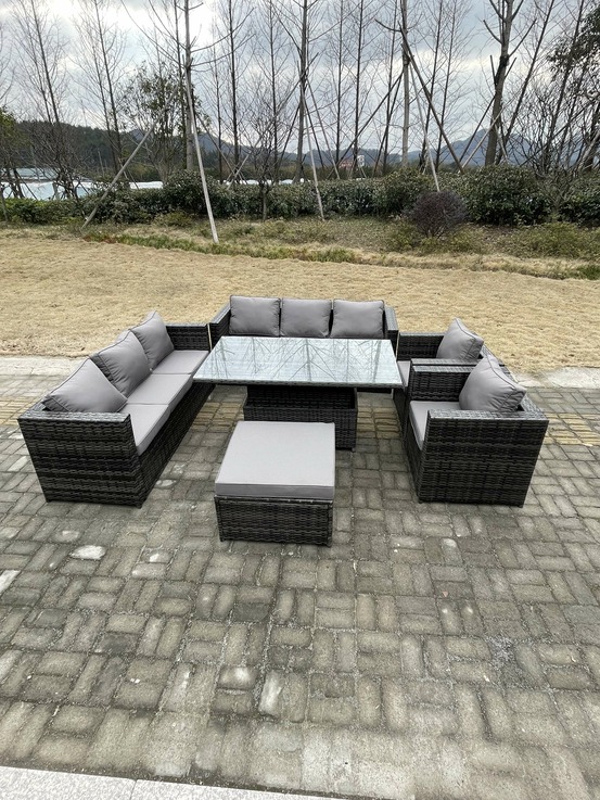 9 places extérieur en rotin meubles de jardin set réglable table à manger avec chaise repose - pieds gris foncé