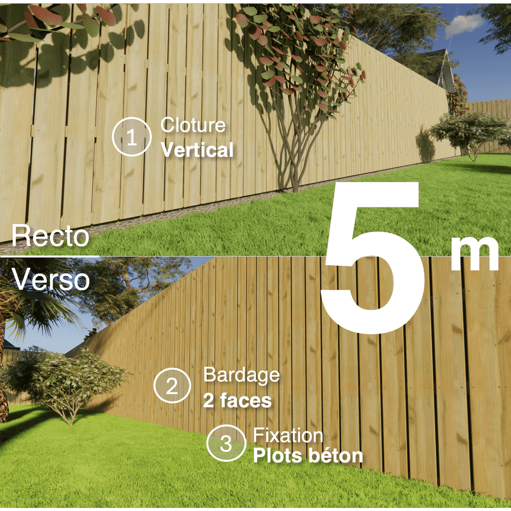 Kit clôture bois moderne 5m – h 2,3m – 21 x 145 mm autoclave vert – pose vertical – double face – à sceller