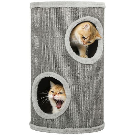 Tonneau à chat double niveau sisal peluche pour 1 ou 2 chats cachette et griffoir gris 60cm