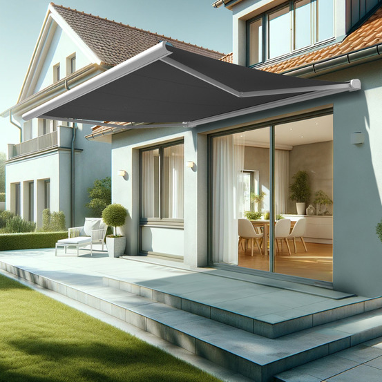 Store banne coffre intégral hevoa 4,05x3,50 m (motorisé secours à télécommande - blanc satiné ral9010 - gris graphite)