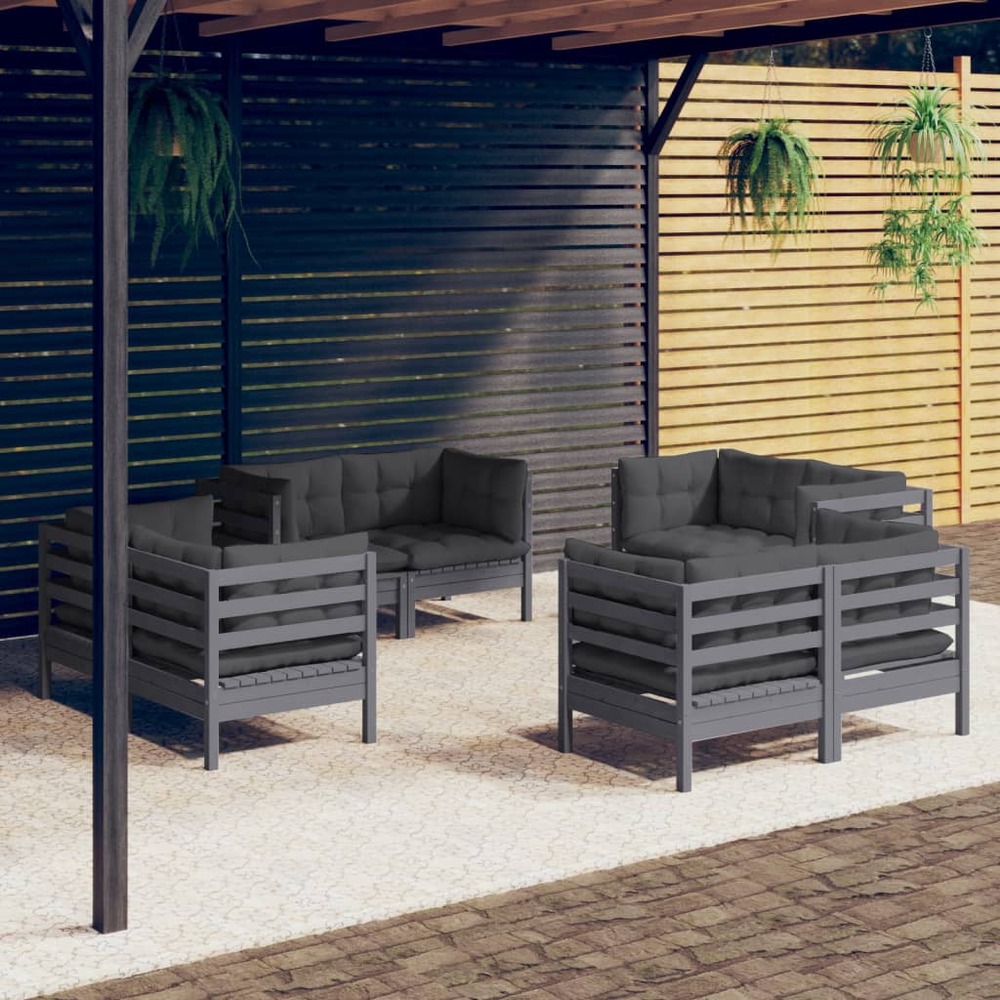 Salon de jardin 8 pcs avec coussins anthracite bois de pin
