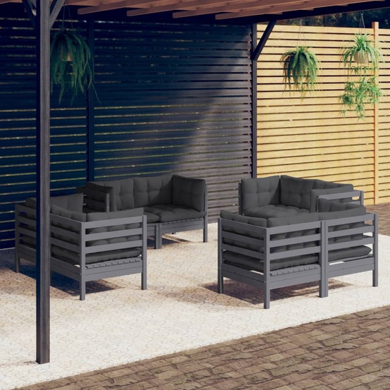 Salon de jardin 8 pcs avec coussins anthracite bois de pin