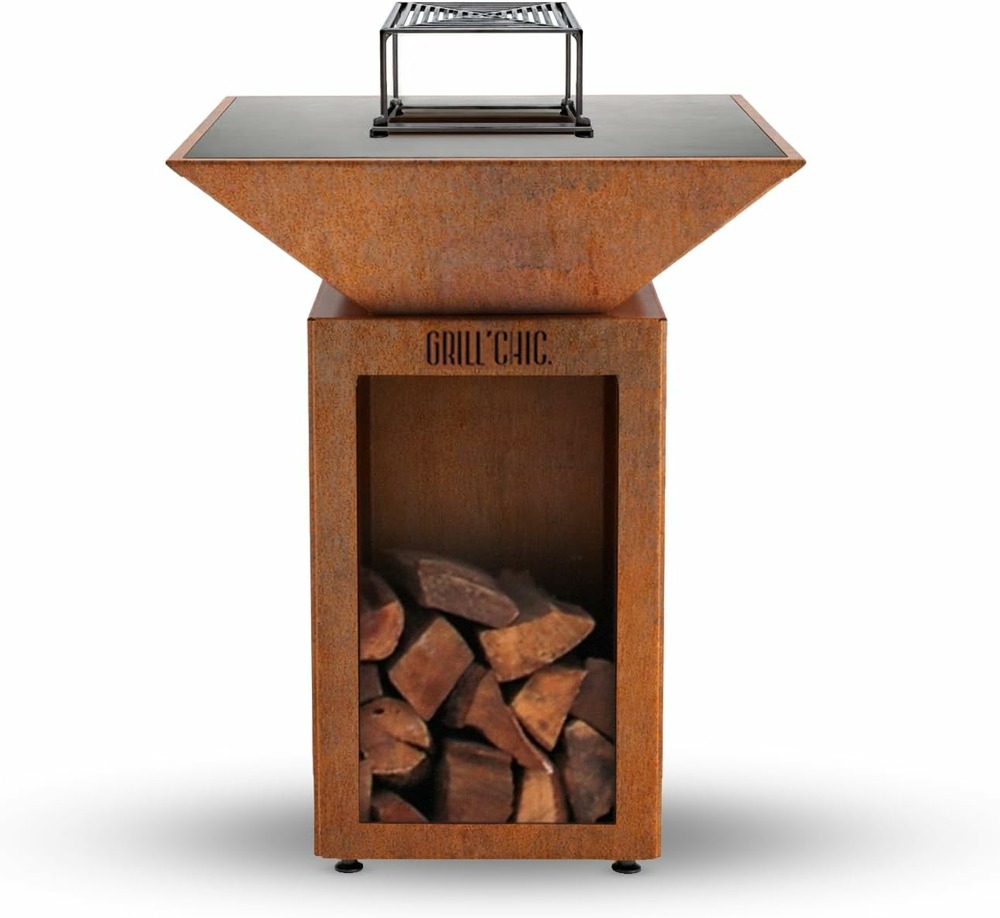 Grill'chic - pack privilège brasero auvergnat corten bois carré - simple cuve - avec bâche + grille + stop food inclus - à assembler