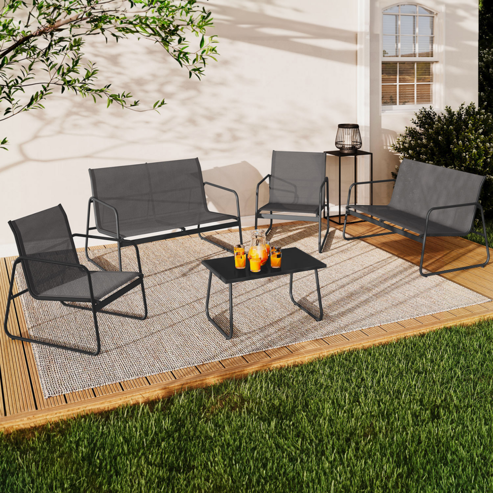 Salon de jardin bas malaga 6 places avec 2 canapés, fauteuils et table gris anthracite