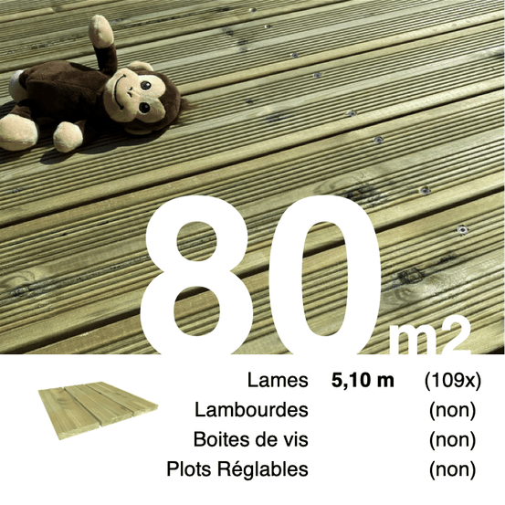Planches de terrasse pin autoclave vert pour 80 m², longueur 5,1 m.