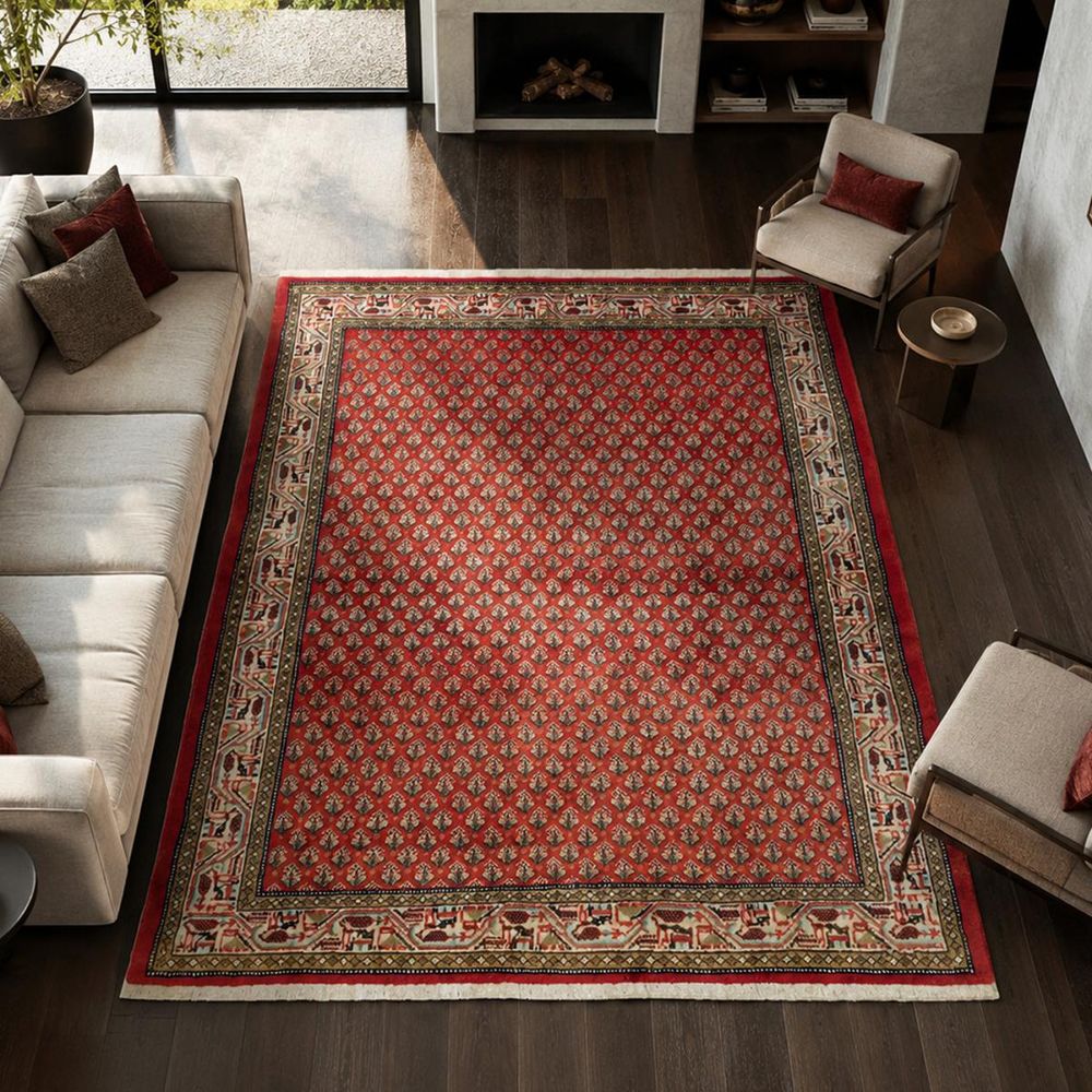 Tapis d'orient, 110 x 150 cm, rouge, crème et noir, en laine, hamadan 51