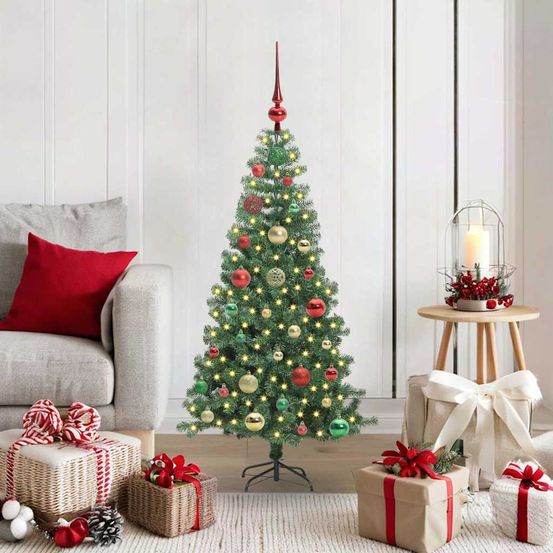 Sapin de noël 120 cm forme conique, tout inclus : 150 led, 61 boules et support